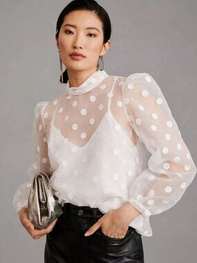 Flat White Sheer Polka Dot Bow Neck Blouse - Size - MP White Long Sleeve